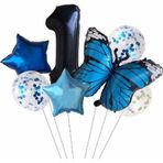 Parti Station Mavi Kelebek 1 Yaş Balon Set Yıldız Balon Folyo Set Kelebek Konsept Doğum Günü Set Yaş Balon Set