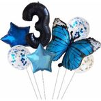 Parti Station Mavi Kelebek 3 Yaş Balon Set Yıldız Balon Folyo Set Kelebek Konsept Doğum Günü Set Yaş Balon Set