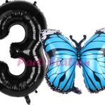 Parti Station Mavi Kelebek Balon 3 Yaş Balon Set Kelebek Konsept Balon Ve Siyah Renk Rakam Balon