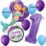 Parti Station Mermaid Deniz Kızı 1 Yaş Balon Set Deniz Kızı Konsept Balon Ve Mor Renk Rakam Balon