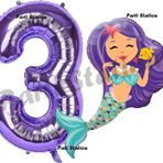 Parti Station Mermaid Deniz Kızı 3 Yaş Balon Ve Mor Rakam Balon Doğum Günü Parti Balon Set