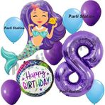 Parti Station Mermaid Deniz Kızı 8 Yaş Balon Set Deniz Kızı Konsept Balon Ve Mor Renk Rakam Balon