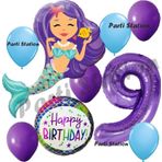 Parti Station Mermaid Deniz Kızı 9 Yaş Balon Set Deniz Kızı Konsept Balon Ve Mor Renk Rakam Balon