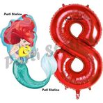 Parti Station Mermaid Deniz Kızı Ariel 8 Yaş Balon Ve Kırmızı Rakam Balon Doğum Günü Parti Balon Set