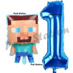 Parti Station Minecraft Balon 1 Yaş Doğum Günü Set Minecraft Konsept Balon Ve Lacivert Rakam Balon