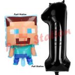 Parti Station Minecraft Balon 1 Yaş Doğum Günü Set Minecraft Konsept Balon Ve Siyah Rakam Balon
