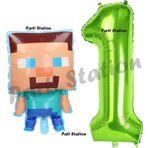 Parti Station Minecraft Balon 1 Yaş Doğum Günü Set Minecraft Konsept Balon Ve Yeşil Rakam Balon