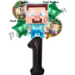 Parti Station Minecraft Balon 1 Yaş Doğum Günü Set Minecraft Konsept Yıldız Balon Ve Siyah Rakam Balon