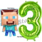 Parti Station Minecraft Balon 3 Yaş Doğum Günü Set Minecraft Konsept Balon ve Yeşil Rakam Balon