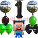 Parti Station Minecraft Konsept Doğum Günü 1 Yaş Balon Set Minecraft Parti Tema Yeşil Siyah Balon Set