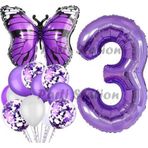 Parti Station Mor Kelebek Konsept 3 Yaş Balon Set Butterfly Kelebek Mor Rakam Balon Parti Doğum Günü Balon Set