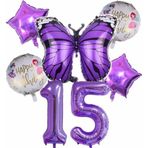 Parti Station Mor Kelebek Mor Renk 15 Yaş Rakam Balon Set Doğum Günü Parti Mor Renk Helyum Balon Mor Rakam Balon