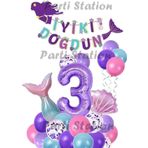 Parti Station Mor Rakam Balon Deniz Kızı Konsept Parti 3 Yaş Balon Set Mermaid Doğum Günü Balon Set Deniz Kızı