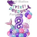 Parti Station Mor Rakam Balon Deniz Kızı Konsept Parti 8 Yaş Balon Set Mermaid Doğum Günü Balon Set Deniz Kızı