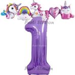 Parti Station Mor Renk Rakam Balonlu Unicorn 1 Yaş Doğum Günü Parti Balon Set Unicorn Tema Lila Renk Parti Seti