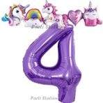Parti Station Mor Renk Rakam Balonlu Unicorn 4 Yaş Doğum Günü Parti Balon Set Unicorn Tema Lila Renk Parti Seti