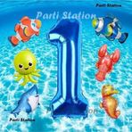 Parti Station Okyanus Hayvanları 1 Yaş Doğum Günü Balon Set Deniz Canlıları Köpek Balığı Ahtapot Kırmızı Balık Set