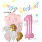 Parti Station Pembe Bulut Gökkuşağı 1 Yaş Balon ve Macaron Happy Birthday Banner Doğum Günü Parti Balon Set