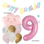 Parti Station Pembe Bulut Gökkuşağı 9 Yaş Balon Ve Macaron Happy Birthday Banner Doğum Günü Parti Balon Set