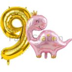 Parti Station Pembe Dinozor 9 Yaş Gold Renk Rakam Balon Set Sevimli Pembe Dinozor Konsept Doğum Günü Balon Set