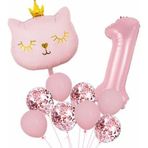 Parti Station Pembe Kedi 1 Yaş Balon Set Balon Folyo Set Pembe Kedi Konsept Doğum Günü Set Yaş Balon Set