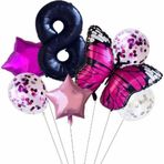 Parti Station Pembe Kelebek 8 Yaş Balon Set Yıldız Balon Folyo Set Kelebek Konsept Doğum Günü Set Yaş Balon Set