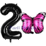 Parti Station Pembe Kelebek Balon 2 Yaş Balon Set Kelebek Konsept Balon Ve Siyah Renk Rakam Balon