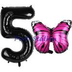 Parti Station Pembe Kelebek Balon 5 Yaş Balon Set Kelebek Konsept Balon Ve Siyah Renk Rakam Balon