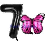 Parti Station Pembe Kelebek Balon 7 Yaş Balon Set Kelebek Konsept Balon Ve Siyah Renk Rakam Balon