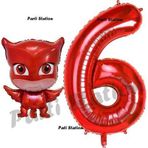 Parti Station Pijamaskeliler Baykuş Kız Balon 6 Yaş Doğum Günü Set PjMasks Konsept Balon ve Kırmızı Rakam Balon