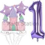 Parti Station Prenses Konsept 1 Yaş Mor Renk Rakam Balon Set Prenses Evi Şato Balon Konsept Doğum Günü Balon Set