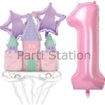 Parti Station Prenses Konsept 1 Yaş Pembe Renk Rakam Balon Set Prenses Evi Şato Balon Konsept Doğum Günü Balon Set