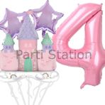 Parti Station Prenses Konsept 4 Yaş Pembe Renk Rakam Balon Set Prenses Evi Şato Balon Konsept Doğum Günü Balon Set