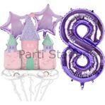 Parti Station Prenses Konsept 8 Yaş Mor Renk Rakam Balon Set Prenses Evi Şato Balon Konsept Doğum Günü Balon Set