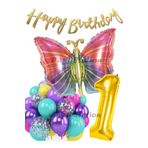 Parti Station Rengarenk Kelebek 1 Yaş Balon Set Colorfull Butterfly Gökkuşağı Konsept Parti Doğum Günü Balon Seti