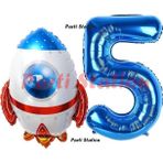 Parti Station Roket Uzay Astronot Konsept 5 Yaş Balon Set Uzay Roketi Ve Lacivert Rakam Balon Doğum Günü Balon Set