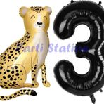 Parti Station Safari Çita Balon 3 Yaş Balon Set Safari Konsept Çita Balon Ve Siyah Renk Rakam Balon