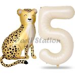 Parti Station Safari Çita Balon 5 Yaş Balon Set Safari Konsept Çita Balon Ve Krem Renk Rakam Balon