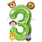 Parti Station Safari Hayvanlar 6'Lı Balon Set 3 Yaş Doğum Günü Balon Set Safari Konsept Ve Yeşil Rakam Balon