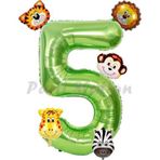 Parti Station Safari Hayvanlar 6'Lı Balon Set 5 Yaş Doğum Günü Balon Set Safari Konsept Ve Yeşil Rakam Balon