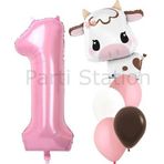 Parti Station Safari Konsept Sevimli İnek Ve Pembe Rakam Balon 1 Yaş Set Safari İnek Konsept Doğum Günü Balon Set