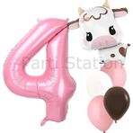 Parti Station Safari Konsept Sevimli İnek Ve Pembe Rakam Balon 4 Yaş Set Safari İnek Konsept Doğum Günü Balon Set