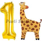 Parti Station Safari Zürafa Balon 1 Yaş Balon Set Safari Konsept Sevimli Zürafa Balon Ve Gold Renk Rakam Balon