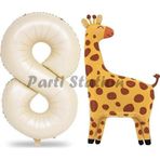 Parti Station Safari Zürafa Balon 8 Yaş Balon Set Safari Konsept Sevimli Zürafa Balon Ve Krem Renk Rakam Balon