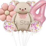 Parti Station Sevimli Ayıcık 4 Yaş Balon Set Retro Pembe Ayıcık Konsept Doğum Günü Set