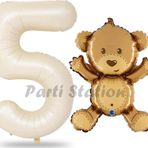 Parti Station Sevimli Ayıcık Balon 5 Yaş Balon Set Woodland Konsept Ayı Balon Ve Gold Renk Rakam Balon
