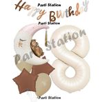 Parti Station Sevimli Ayıcık Krem Renk Rakam Balon Set 8 Yaş Ay Dede Uyuyan Ayıcıklı Happy Birthday Balon Set