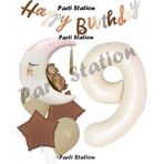 Parti Station Sevimli Ayıcık Krem Renk Rakam Balon Set 9 Yaş Ay Dede Uyuyan Ayıcıklı Happy Birthday Balon Set