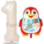 Parti Station Sevimli Penguen Balon 1 Yaş Doğum Günü Balon Set Penguen Konsept Ve Krem Renk Rakam Balon