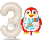 Parti Station Sevimli Penguen Balon 3 Yaş Doğum Günü Balon Set Penguen Konsept Ve Krem Renk Rakam Balon